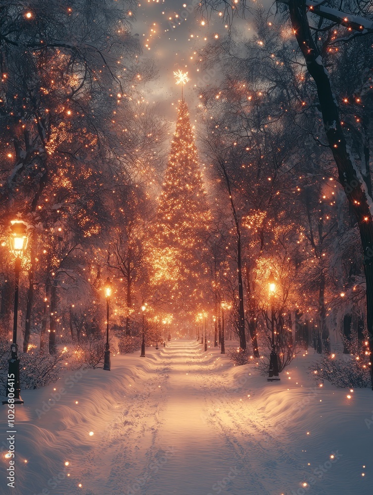 Snowy Pathway with Glowing Christmas Tree Snowy Pathway with Glowing Christmas Tree