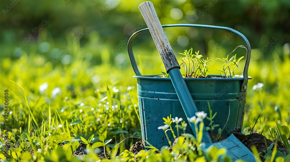 Representation of a modern lawn device garden tools bucket Representation of a modern lawn device garden tools bucket
