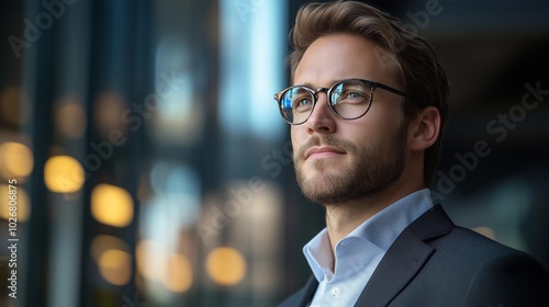 Side view of a professional businessman in a formal suit, captured in a modern corporate environment. High-resolution  photo ideal for business themes, leadership, and professional presentation.