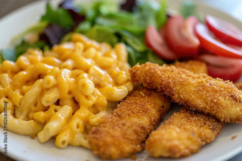 Chicken strips with macaroni and cheese and salad - generative ai Chicken strips with macaroni and cheese and salad - generative ai