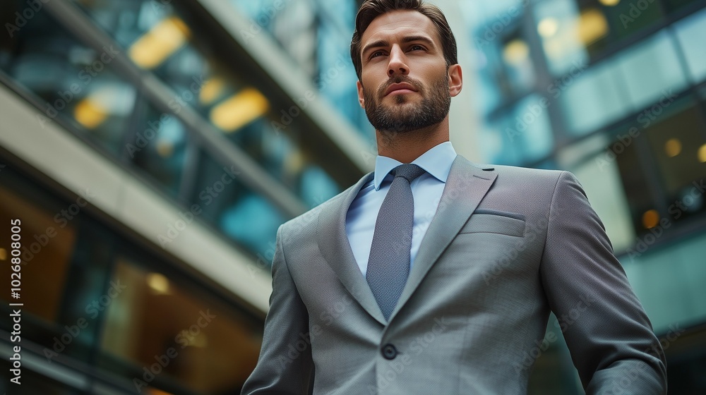 Fototapeta premium Side view of a professional businessman in a formal suit, captured in a modern corporate environment. High-resolution photo ideal for business themes, leadership, and professional presentation.