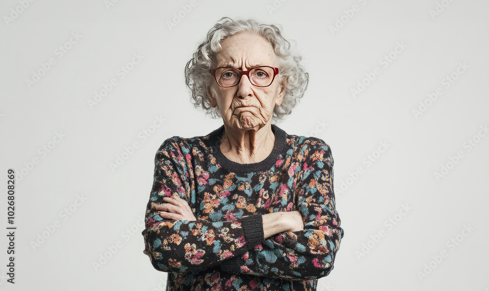 Elderly woman feeling displeased frowning with arms crossed on bright background Elderly woman feeling displeased frowning with arms crossed on bright background