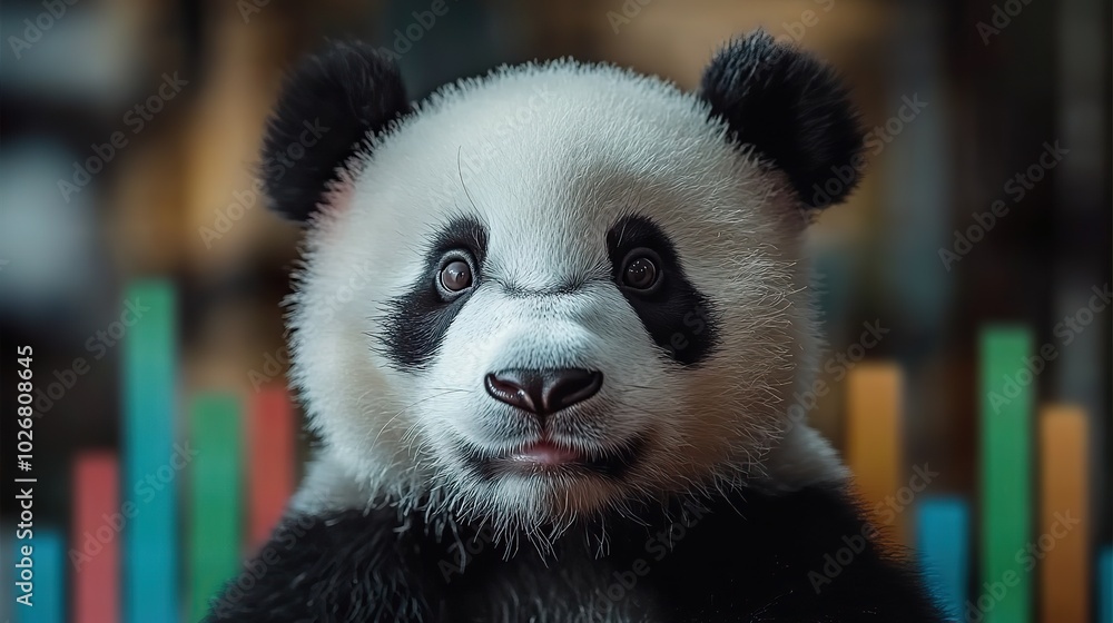 Fototapeta premium a panda bear with colorful bar charts symbolizing data analysis and manipulation using the pandas library in python