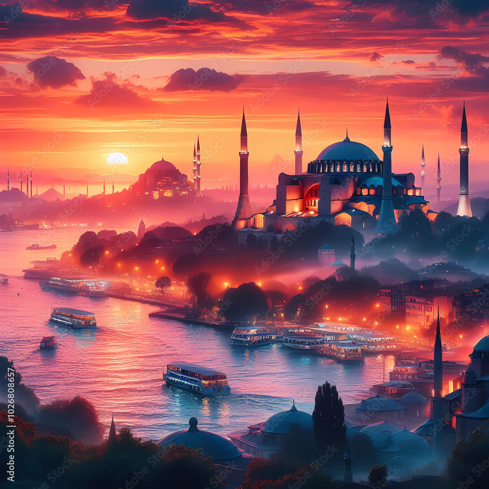 Obraz premium Stunning Istanbul sunset over the Bosphorus with vibrant skies and iconic skyline