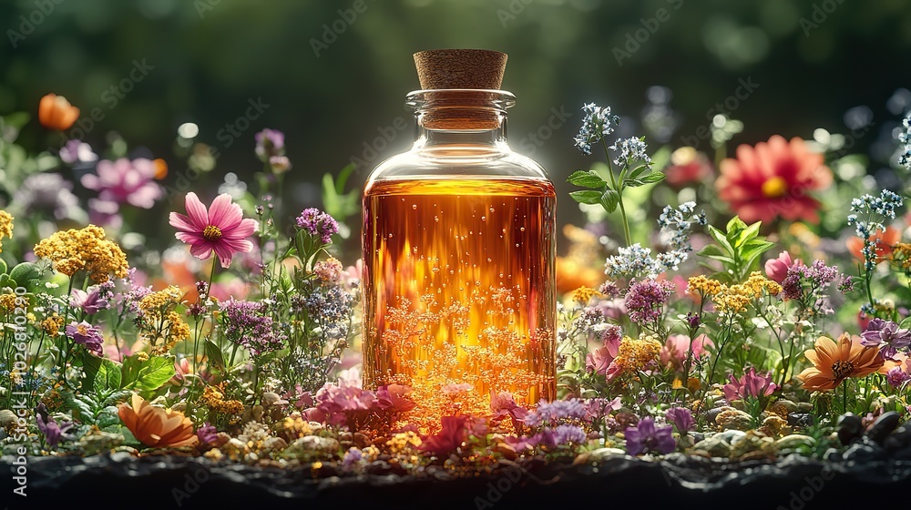 a vibrant explosion of herbs and flowers emerging from an apothecary bottle the botanical ingredients symbolize natural health and wellness emphasizing the power of nature in promoting wellbeing a vibrant explosion of herbs and flowers emerging from an apothecary bottle the botanical ingredients symbolize natural health and wellness emphasizing the power of nature in promoting wellbeing