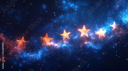 abstract illustration of five star rating bubbles with a digital futuristic design on a blue background