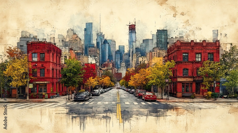 Naklejka premium an artistic conceptual sketch illustrating the development of an urban cityscape featuring a street lined with buildings representing architectural planning and urban growth