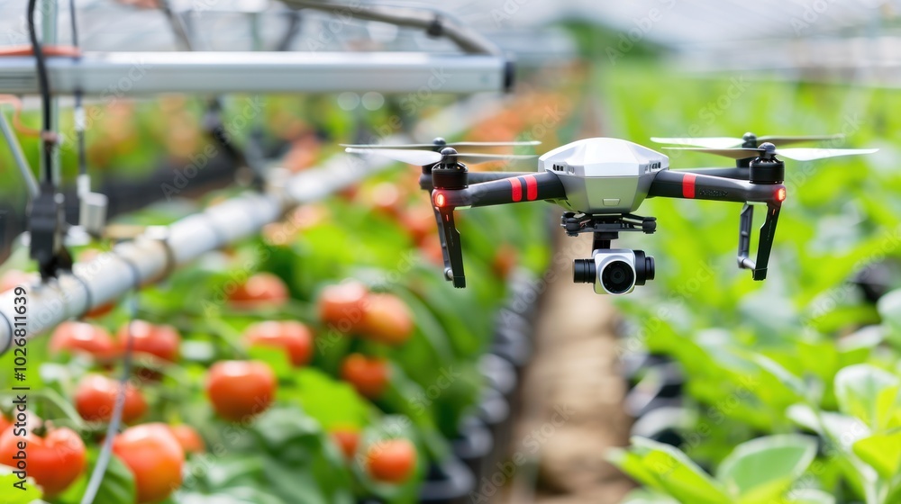Drone Flying Over Tomato Plants in a Greenhouse Drone Flying Over Tomato Plants in a Greenhouse