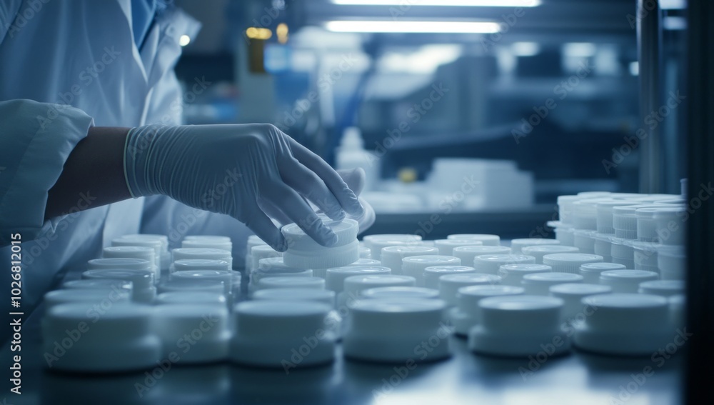A gloved hand carefully places a white lid onto a row of small round containers on a metal table in a factory setting. A gloved hand carefully places a white lid onto a row of small round containers on a metal table in a factory setting.