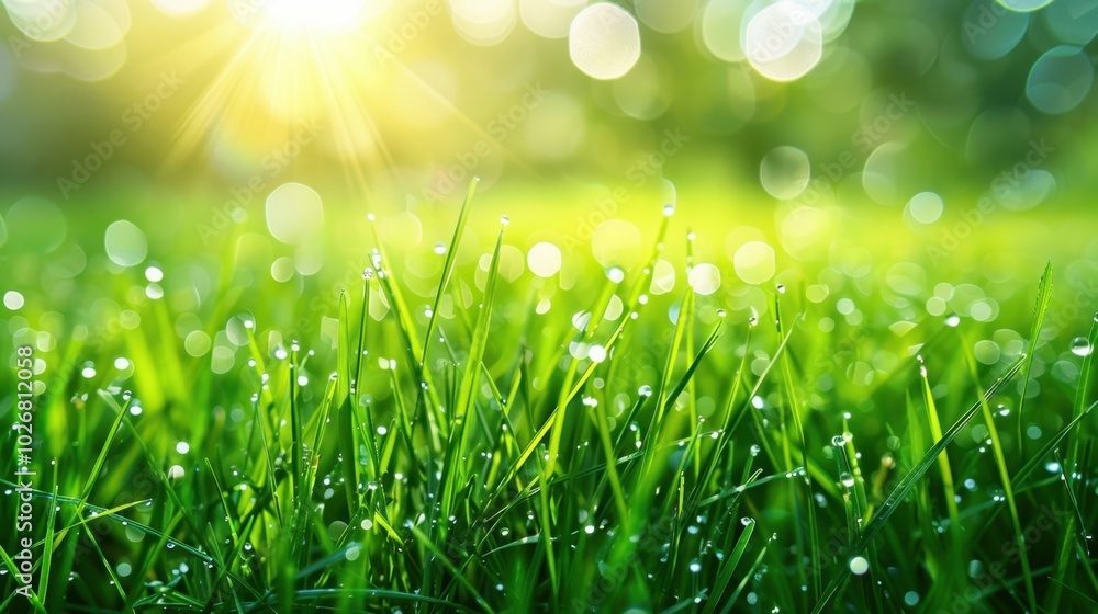 Morning Dew on Fresh Green Grass in Sunlight Morning Dew on Fresh Green Grass in Sunlight