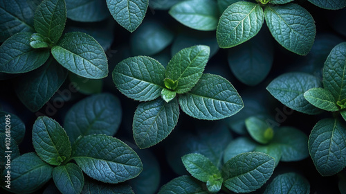 Fondo verde de hojas frescas similares a la hierba buena o hierba de huerto, preparación del mojito con este tipo de plantas. photo