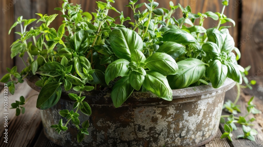 Fresh Herb Garden in Rustic Metal Planter Fresh Herb Garden in Rustic Metal Planter