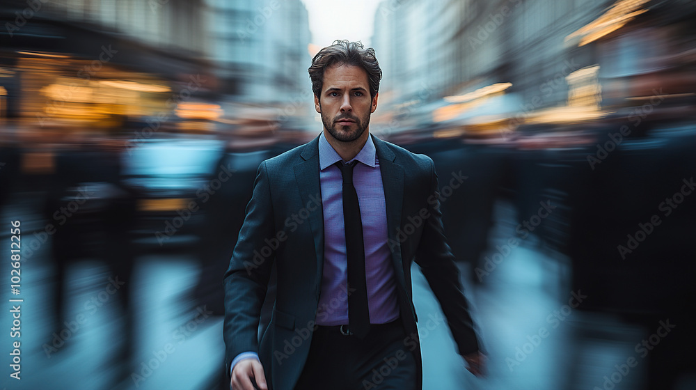 A businessman in a suit and purple shirt walking on the street, surrounded by blurred people A businessman in a suit and purple shirt walking on the street, surrounded by blurred people