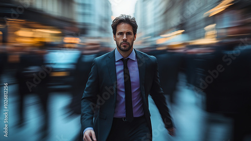 A businessman in a suit and purple shirt walking on the street, surrounded by blurred people