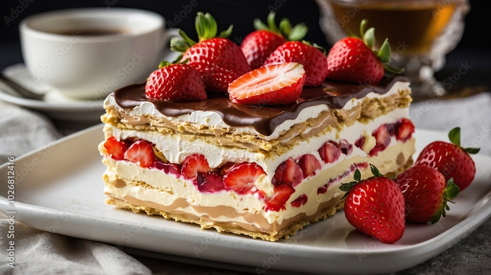 Tasty sponge cake with fresh berries and mint on light gray table, closeup Tasty sponge cake with fresh berries and mint on light gray table, closeup