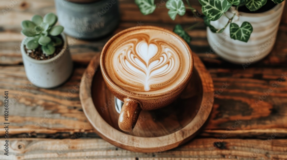 A Cup of Latte Art on a Wooden Table with Succulents A Cup of Latte Art on a Wooden Table with Succulents
