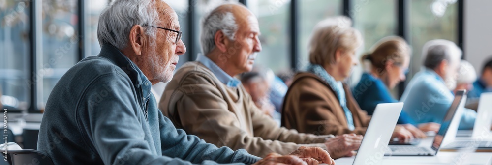 Fototapeta premium A group of elderly people is engaged in a computer course, enhancing their digital skills on laptops and desktop computers. Generative AI