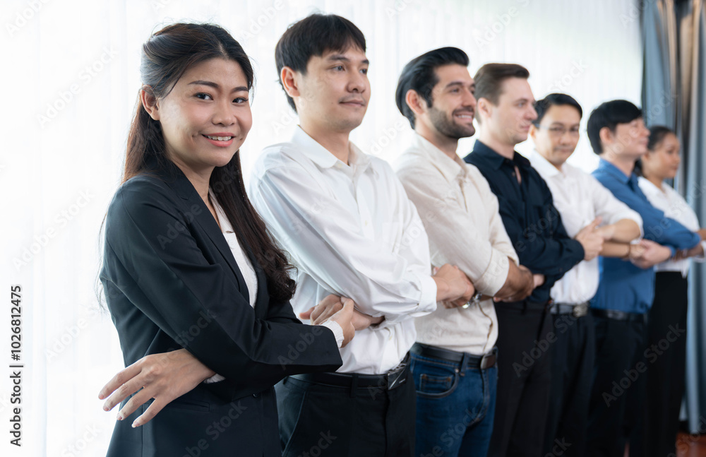 Business team standing, join and link hand together in line symbolize successful business partnership and professional synergy with diverse culture group people cooperation. Prudent Business team standing, join and link hand together in line symbolize successful business partnership and professional synergy with diverse culture group people cooperation. Prudent