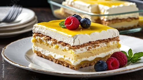 Tasty sponge cake with fresh berries and mint on light gray table, closeup