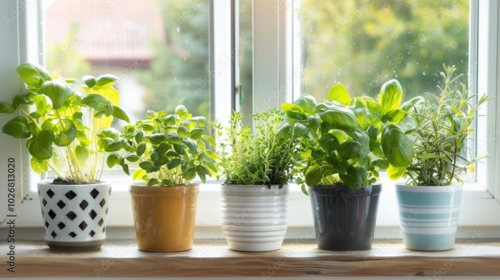 Fresh Herbs in Pots on a Sunny Windowsill Fresh Herbs in Pots on a Sunny Windowsill