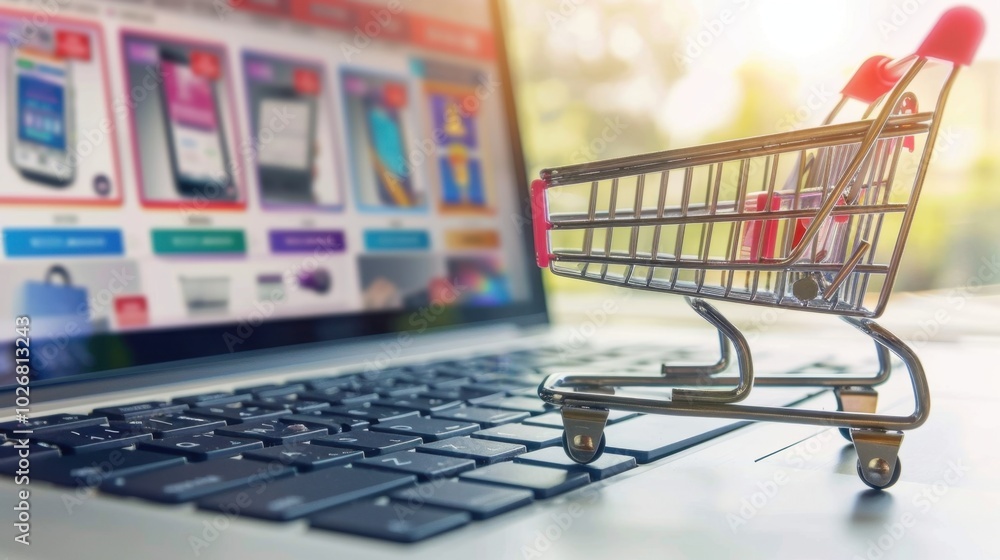 Online Shopping Concept with Shopping Cart on Laptop Online Shopping Concept with Shopping Cart on Laptop