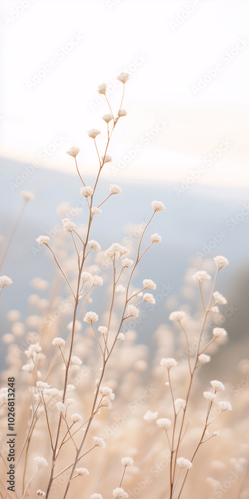 Obraz premium Close-up of plants against a natural background, pastel tones in a film photography style that embodies minimalist aesthetics, mobile phone wallpaper highlighting the beauty of nature and simplicity
