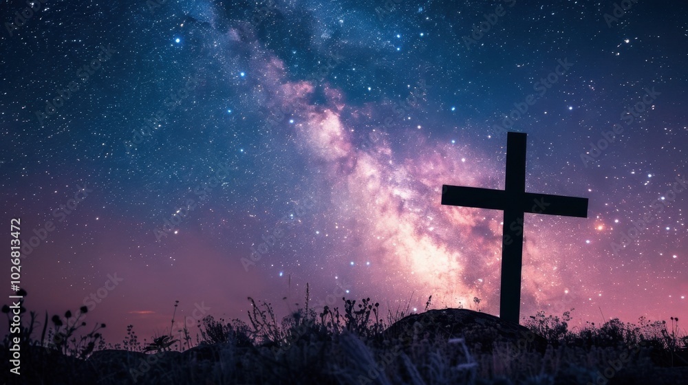 Cross Silhouette Against Starry Night Sky Cross Silhouette Against Starry Night Sky