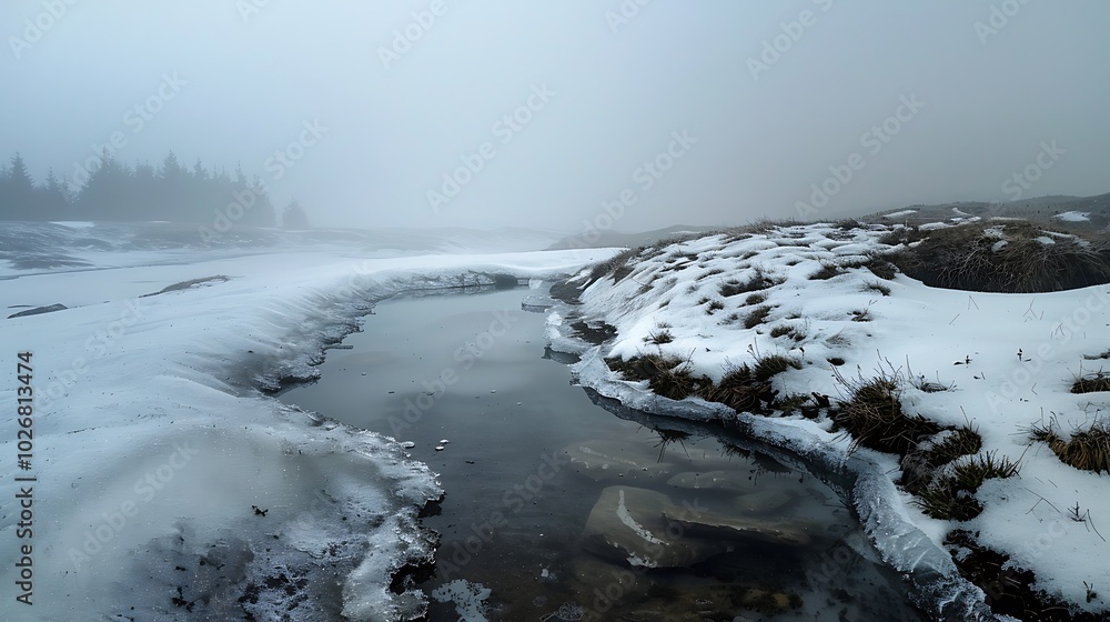 Slab of thawing ice in a foggy alpine pond Slab of thawing ice in a foggy alpine pond