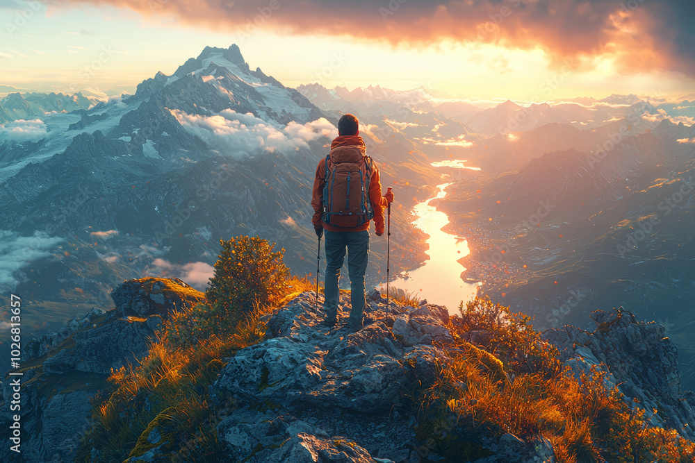 A hiker reaching the summit of a mountain, enjoying the physical challenge and the reward of a breathtaking view. Concept of exploration. A hiker reaching the summit of a mountain, enjoying the physical challenge and the reward of a breathtaking view. Concept of exploration.