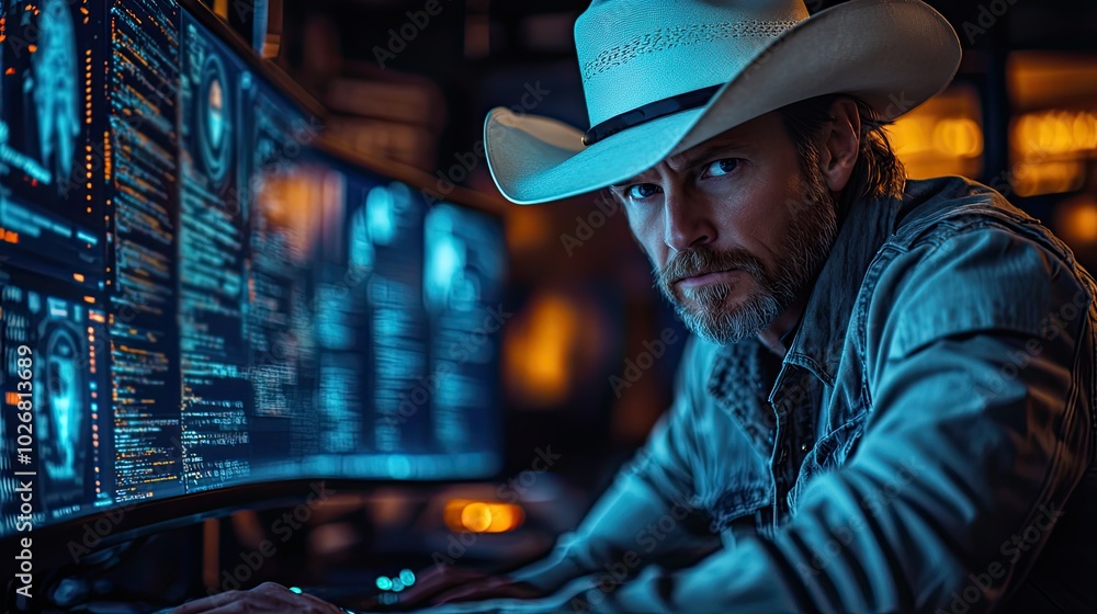 ethical hacker wearing a white cowboy hat intently working on a computer in a dark room illuminated by multiple screens displaying code symbolizing cybersecurity and data protection ethical hacker wearing a white cowboy hat intently working on a computer in a dark room illuminated by multiple screens displaying code symbolizing cybersecurity and data protection