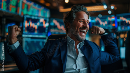 Excited businessman in dark blue suit reacts to rising stock charts with multiple screens in background, highlighting emotional response to stock market fluctuations and financial success.