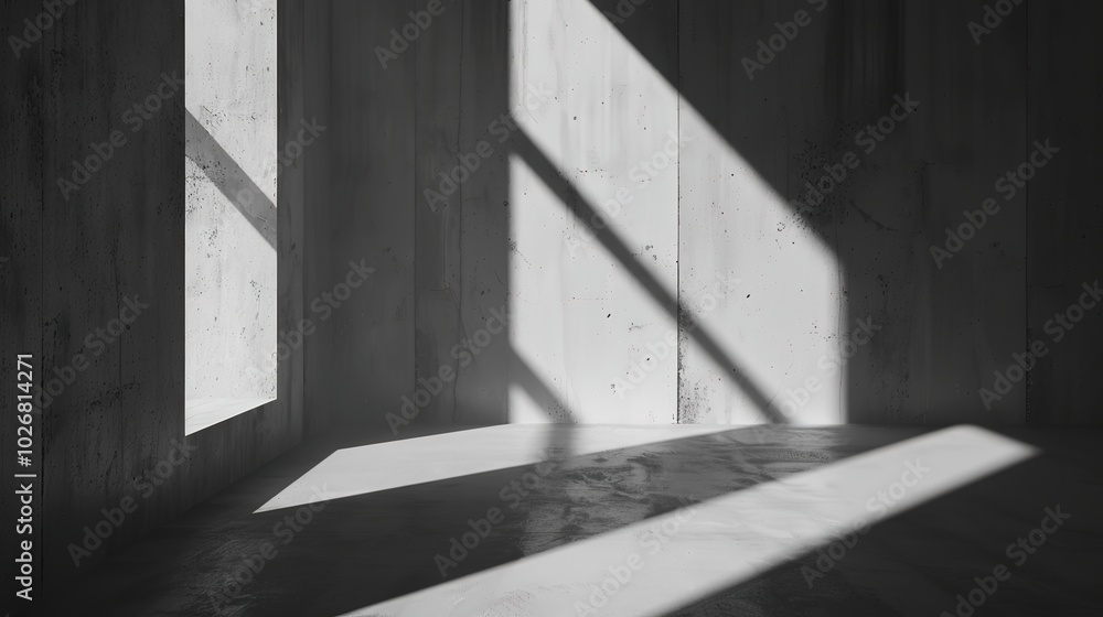 3D Rendering of Wall Shadows in an Empty Concrete Room - a minimalist and modern visual. The shadow play adds depth to the empty concrete space. 3D Rendering of Wall Shadows in an Empty Concrete Room - a minimalist and modern visual. The shadow play adds depth to the empty concrete space.