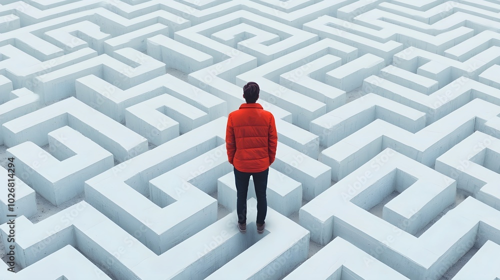 Individual navigating a complex maze in a reflective moment Individual navigating a complex maze in a reflective moment