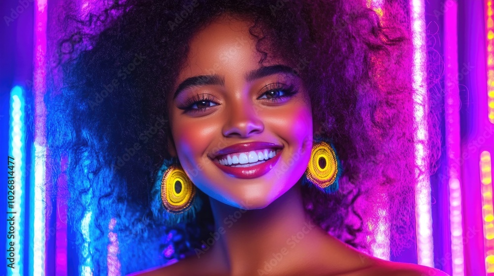 Vibrant smiling woman with curly hair and neon lights background Vibrant smiling woman with curly hair and neon lights background