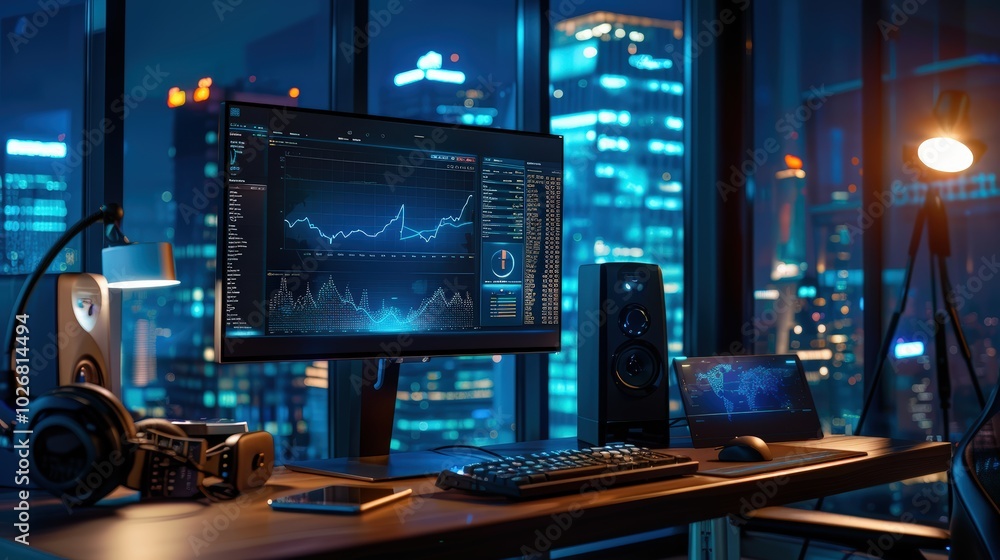 Modern computer monitor displaying financial and stock market data on screen in an office room