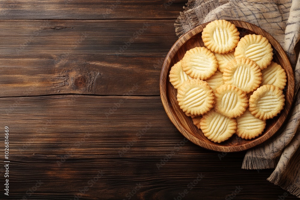 Delicious Danish butter cookies on wooden table, top view. Space for text - generative ai Delicious Danish butter cookies on wooden table, top view. Space for text - generative ai