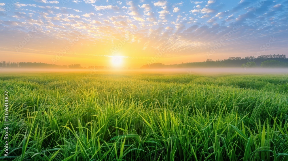 Serene Sunrise Over Lush Green Rice Field