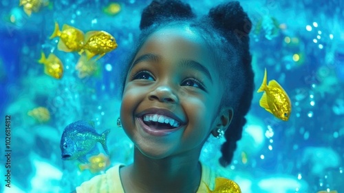 Joyful child smiling amidst colorful fish in underwater world