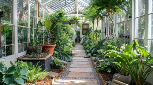 Lush Greenhouse Pathway Surrounded by Tropical Plants