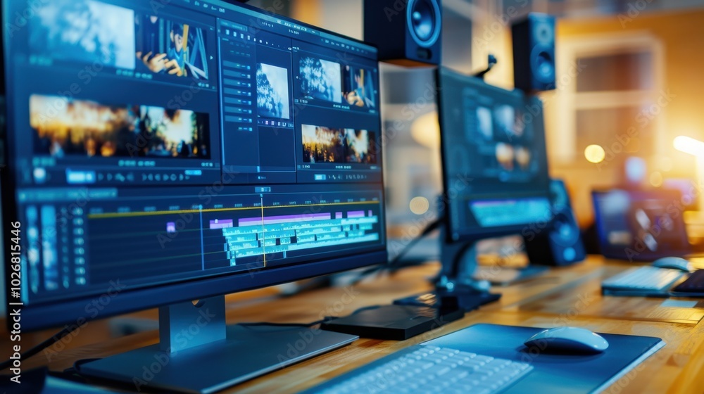 Modern Video Editing Workspace with Dual Monitors