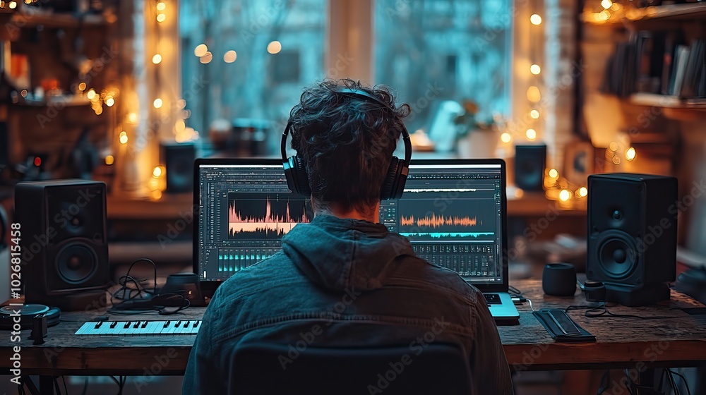 person editing podcast audio on a laptop with waveform display wearing headphones in a cozy studio setup person editing podcast audio on a laptop with waveform display wearing headphones in a cozy studio setup