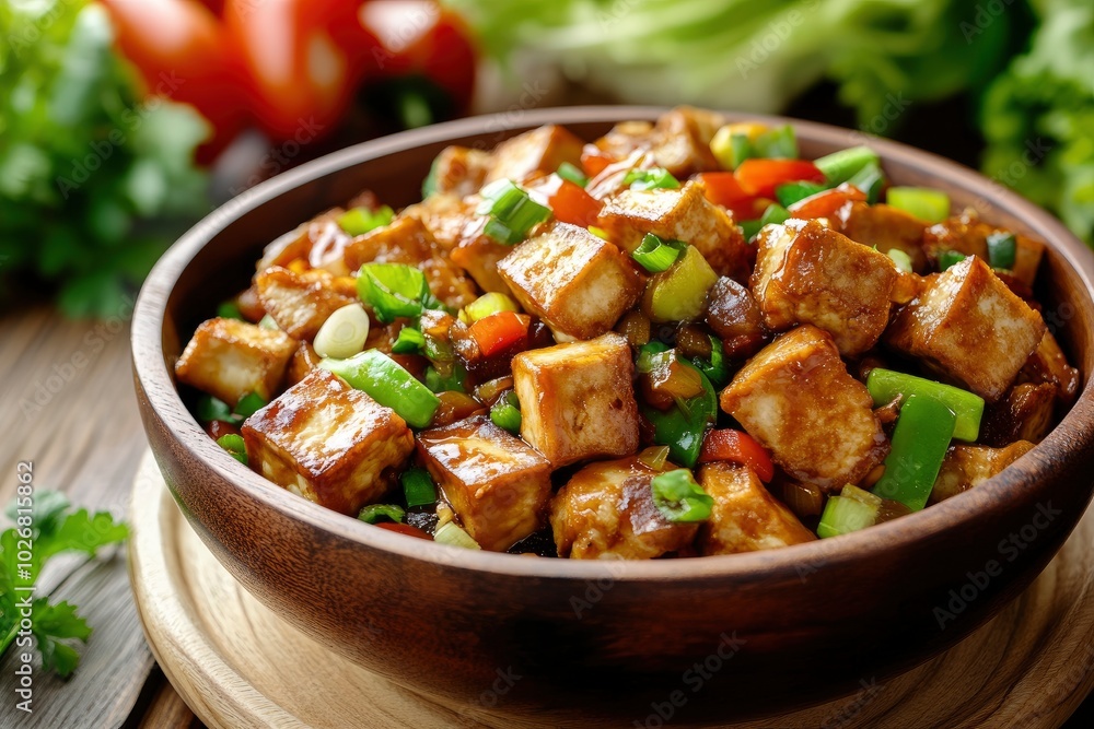 fried tofu dish on the table background - generative ai fried tofu dish on the table background - generative ai