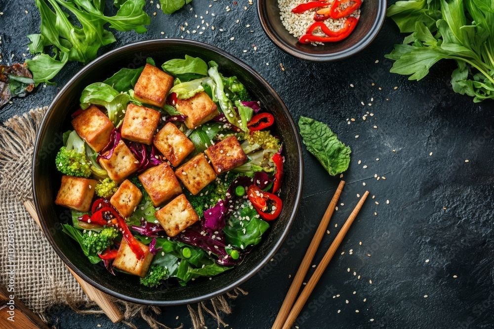 fried tofu dish on the table background - generative ai fried tofu dish on the table background - generative ai