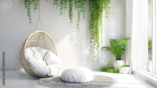 Cozy Indoor Space with Plants and Relaxing Swing Chair