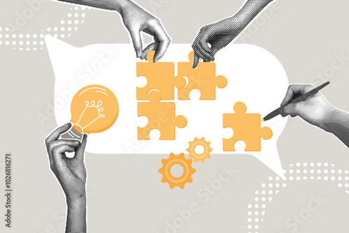 Contemporary halftone collage. Concept of solving a problem, suggesting an idea, suggesting a missing piece to solve a problem, counseling. Hand suggesting a missing piece to complete the puzzle