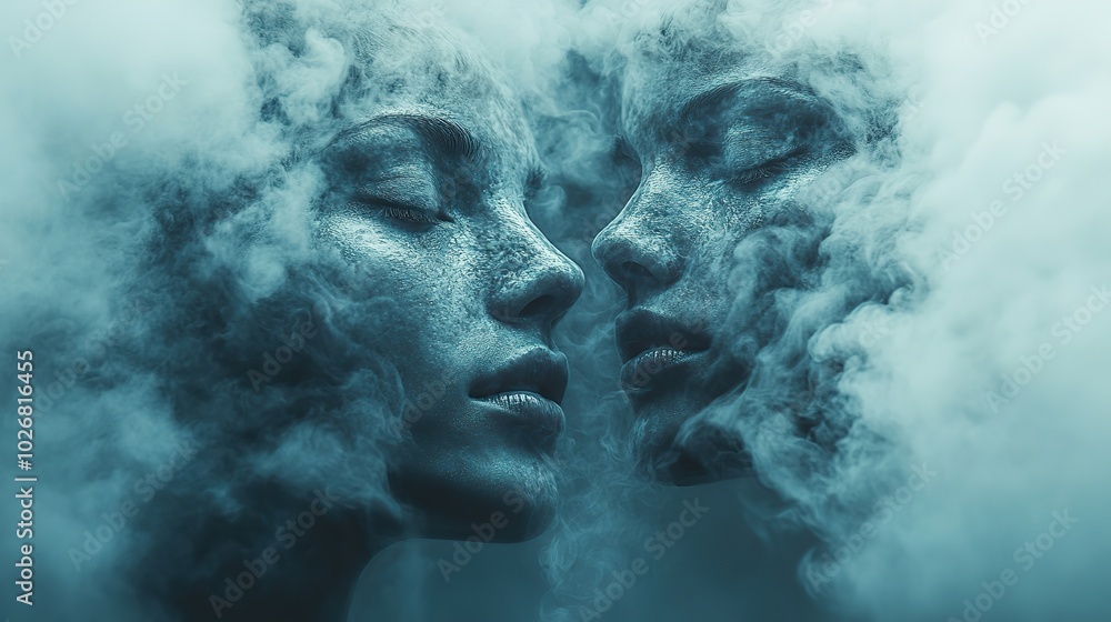 two abstract faces emerging from mist symbolizing the fluid and evolving nature of self identity two abstract faces emerging from mist symbolizing the fluid and evolving nature of self identity