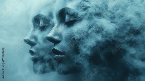 two abstract faces emerging from mist symbolizing the fluid and evolving nature of self identity