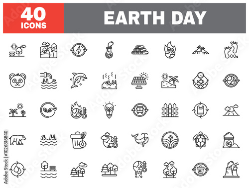 Set of 40 line icons earth day. Outline icon collection. Editable stroke. Vector illustration.