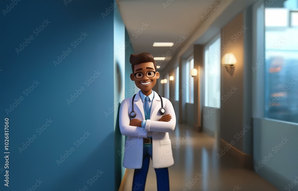 A smiling cartoon doctor wearing glasses stands in a hallway with his arms crossed. A smiling cartoon doctor wearing glasses stands in a hallway with his arms crossed.