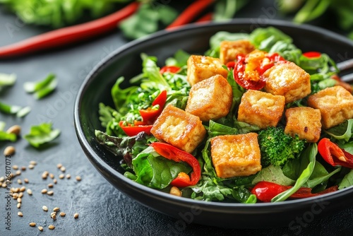 fried tofu dish on the table background - generative ai